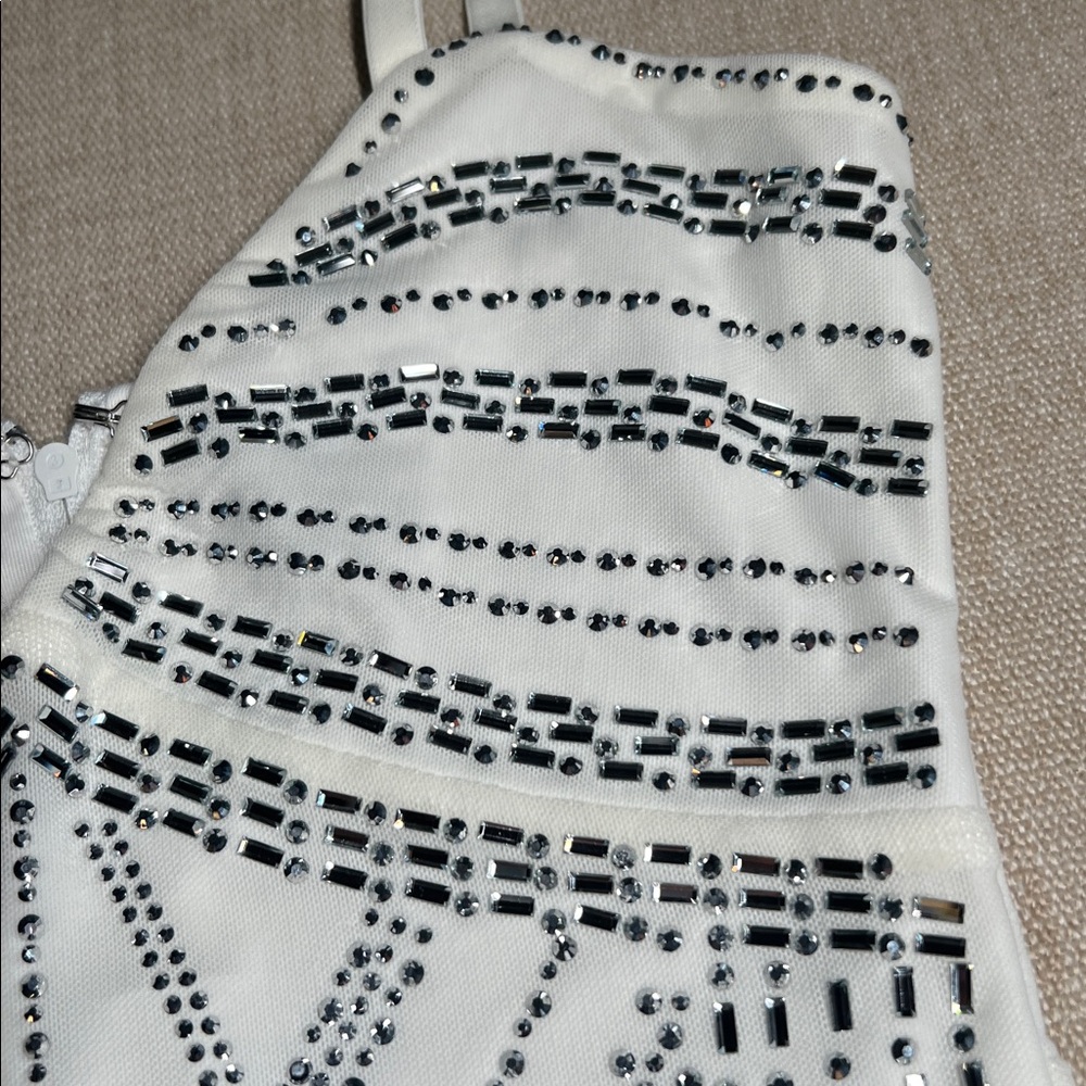 Elegant White Rhinestone Patterned Mini Dress - image 6